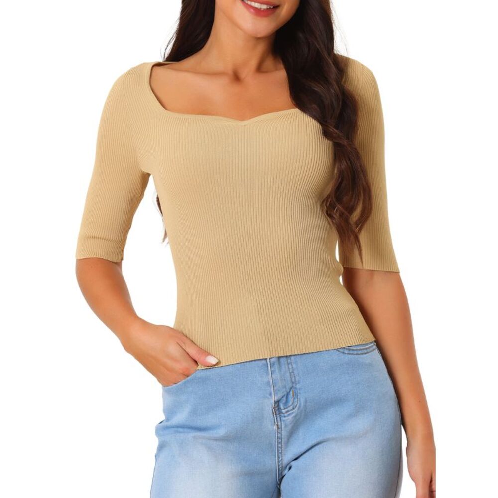 Half Sleeve T Shirt Ribbed Knit Slim Fit Square Neck Sweater Blouse Tops Khaki